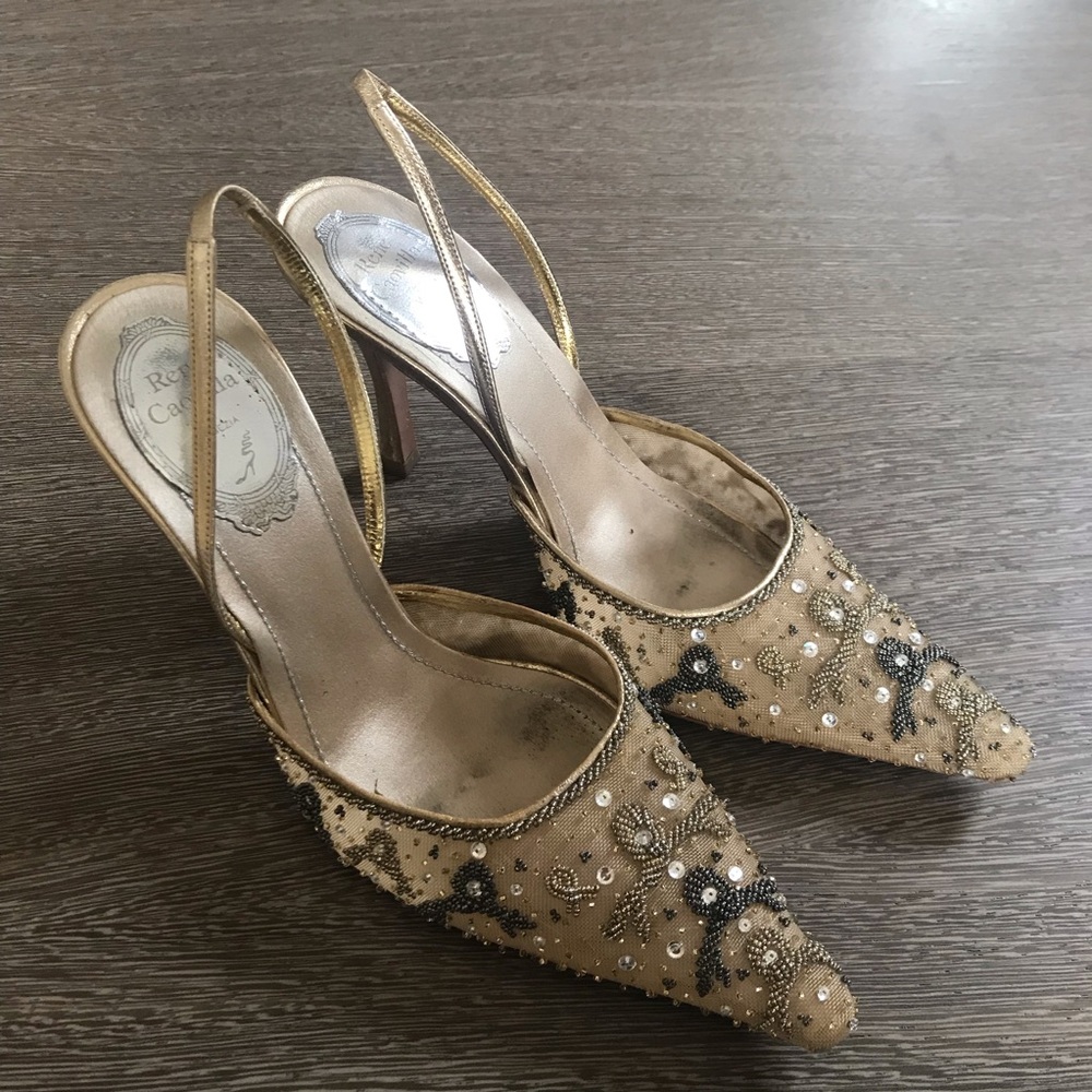 Rene Caovilla Gold Beaded Sling Back Heel Sz 7